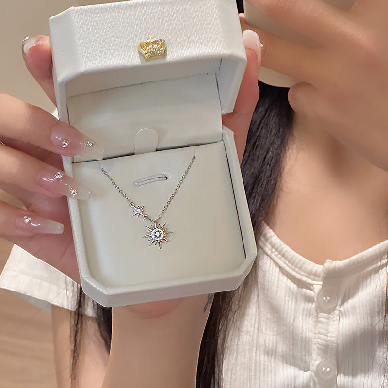S999 Sterling Silver Sun, Moon, and Stars Sunflower Necklace for Women, Minimalist, Niche, Light Luxury Design, High-End Exquisite Collarbone Chain