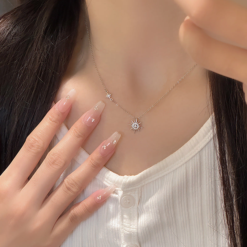 S999 Sterling Silver Sun, Moon, and Stars Sunflower Necklace for Women, Minimalist, Niche, Light Luxury Design, High-End Exquisite Collarbone Chain