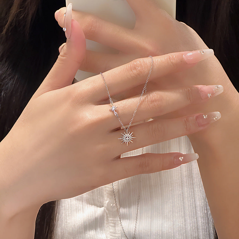 S999 Sterling Silver Sun, Moon, and Stars Sunflower Necklace for Women, Minimalist, Niche, Light Luxury Design, High-End Exquisite Collarbone Chain