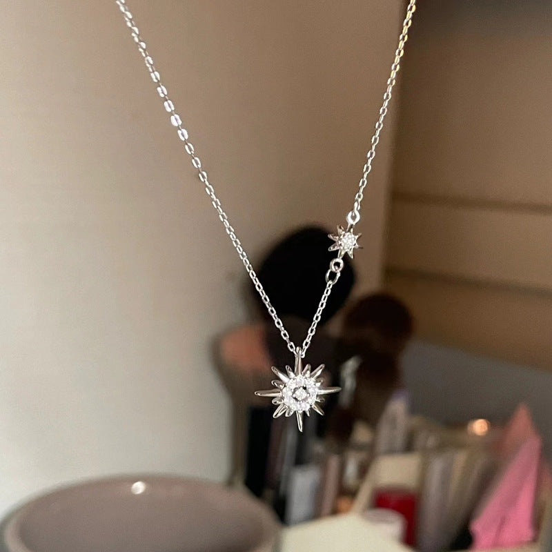 S999 Sterling Silver Sun, Moon, and Stars Sunflower Necklace for Women, Minimalist, Niche, Light Luxury Design, High-End Exquisite Collarbone Chain